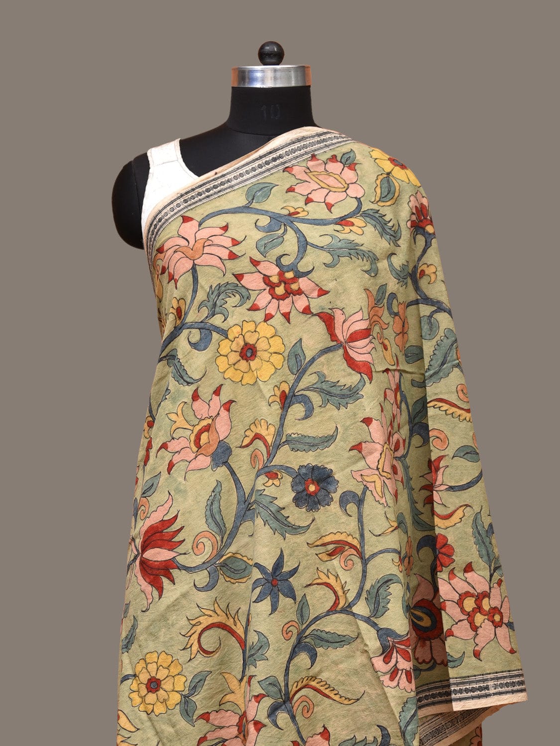 Sea Green Kalamkari Hand Painted Cotton Handloom Dupatta with Floral Design ds3282