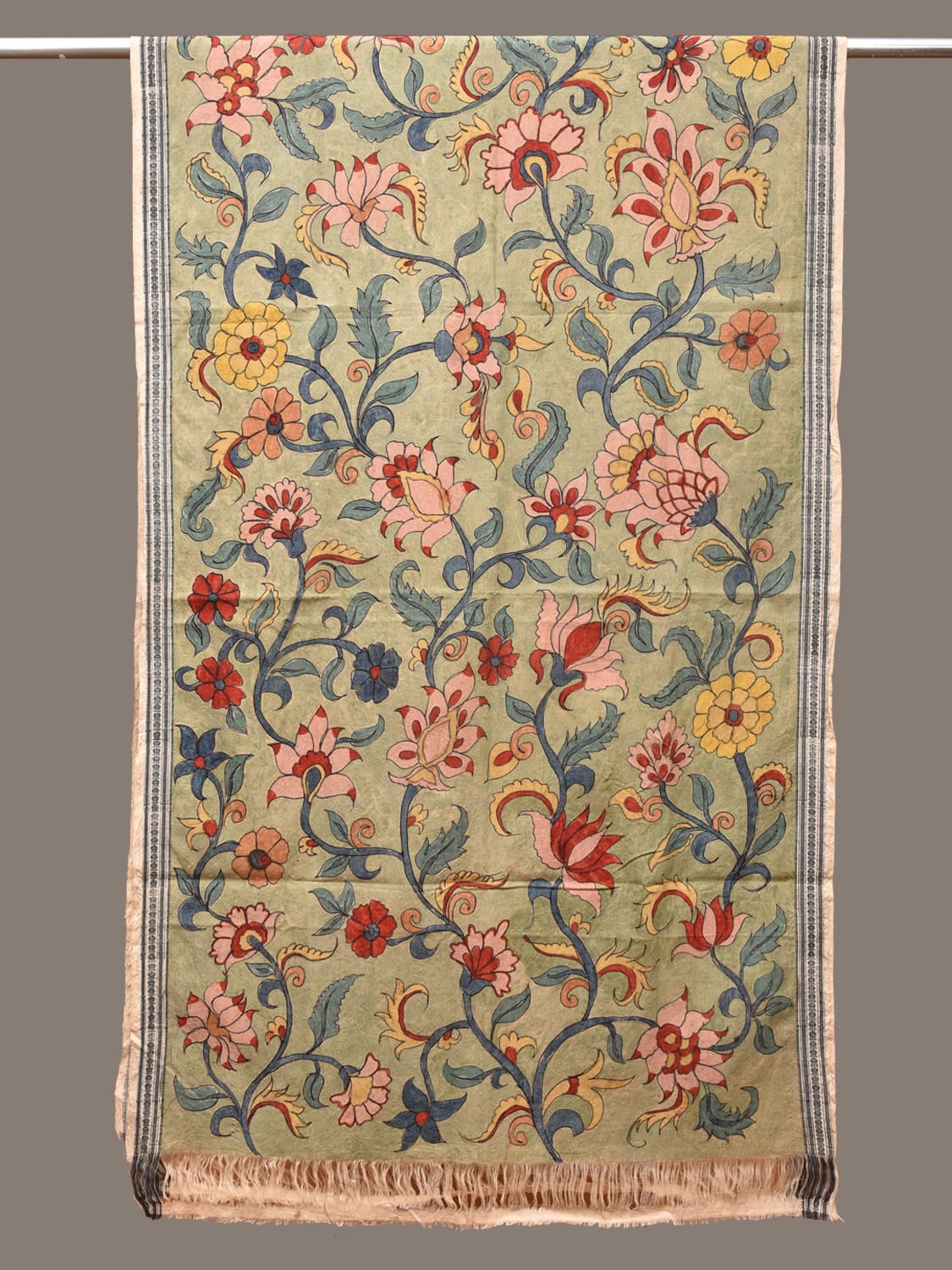 Sea Green Kalamkari Hand Painted Cotton Handloom Dupatta with Floral Design ds3282