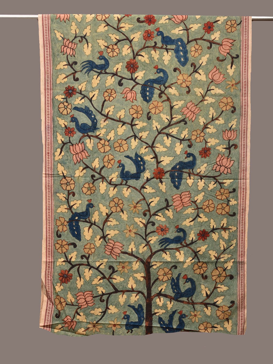 Sea Green Kalamkari Hand Painted Cotton Handloom Dupatta with Lotus-Peacock and Doby Border Design ds3191