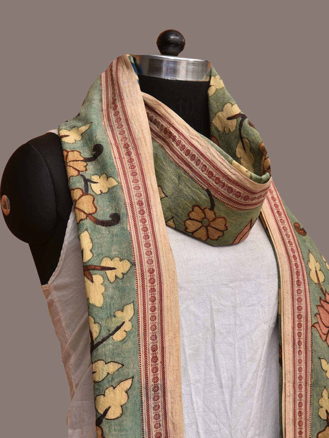 Sea Green Kalamkari Hand Painted Cotton Handloom Dupatta with Lotus-Peacock and Doby Border Design ds3191