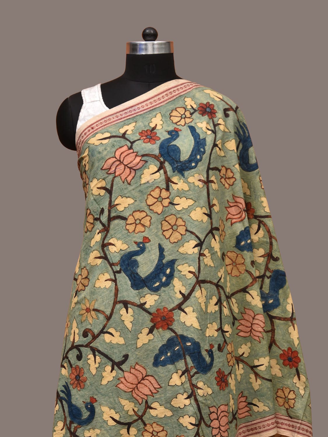 Sea Green Kalamkari Hand Painted Cotton Handloom Dupatta with Lotus-Peacock and Doby Border Design ds3191