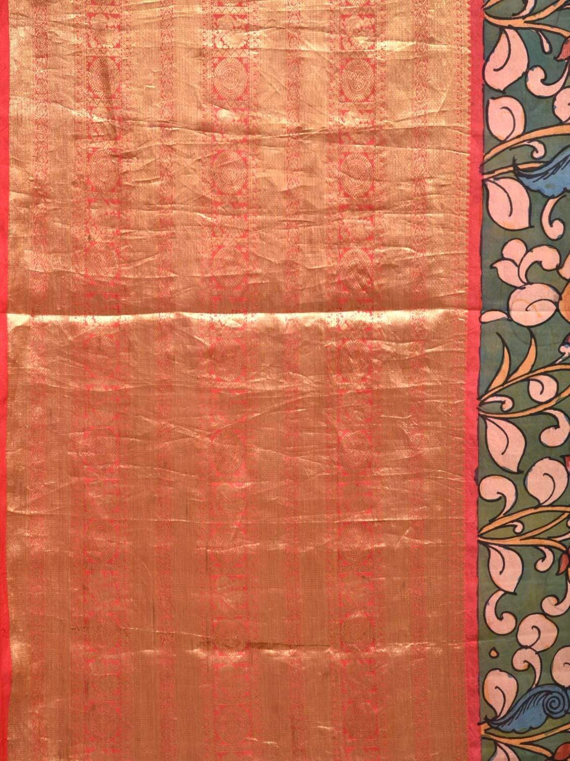 Sea Green Kalamkari Hand Painted Kanchipuram Silk Handloom Saree with Big Border and Floral Design KL0425