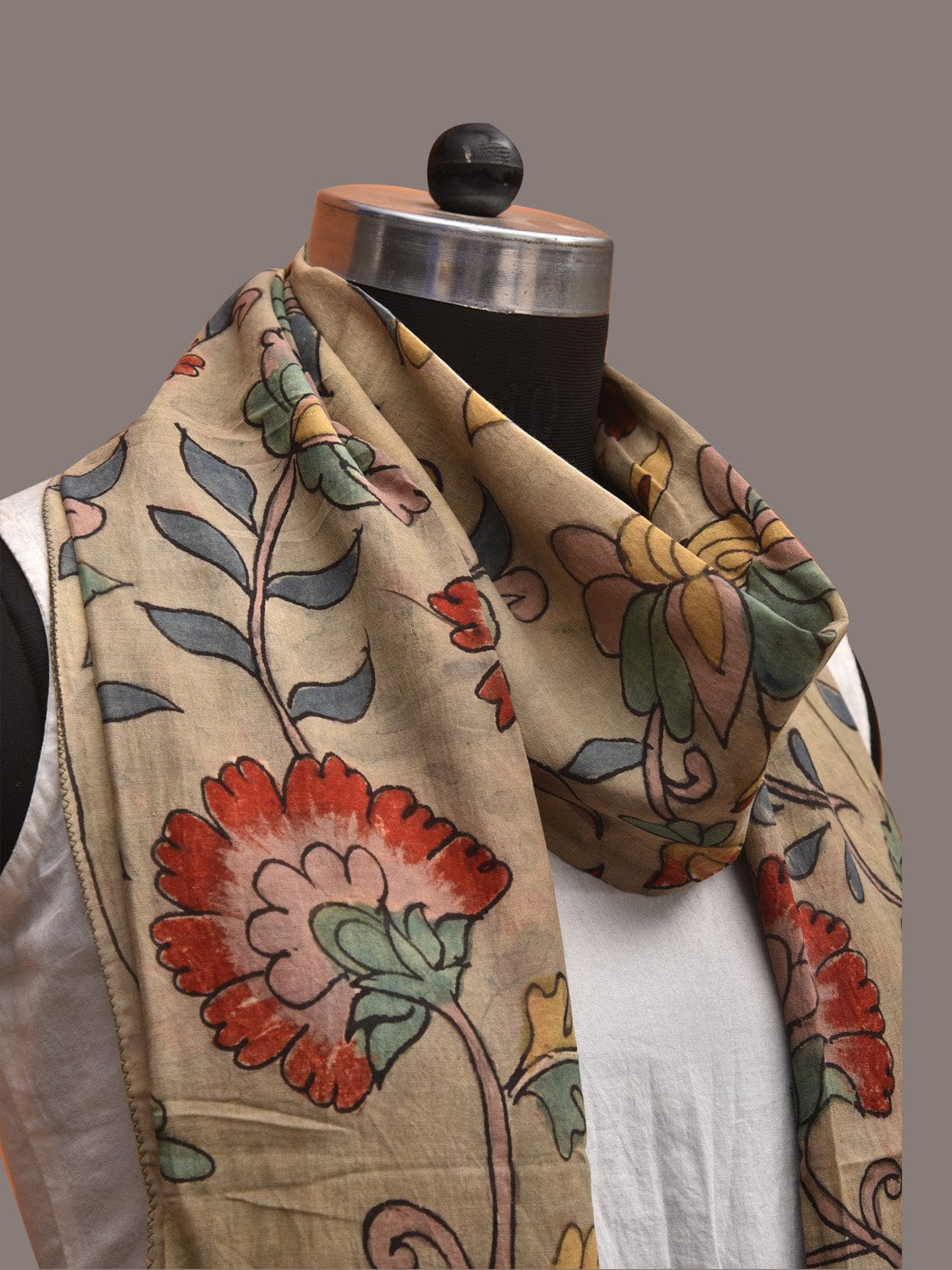 Sea Green Kalamkari Hand Painted Sico Stole with Floral Design ds3591