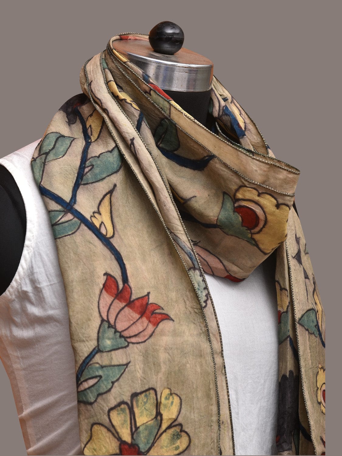 Sea Green Kalamkari Hand Painted Sico Stole with Lotus Design ds3562