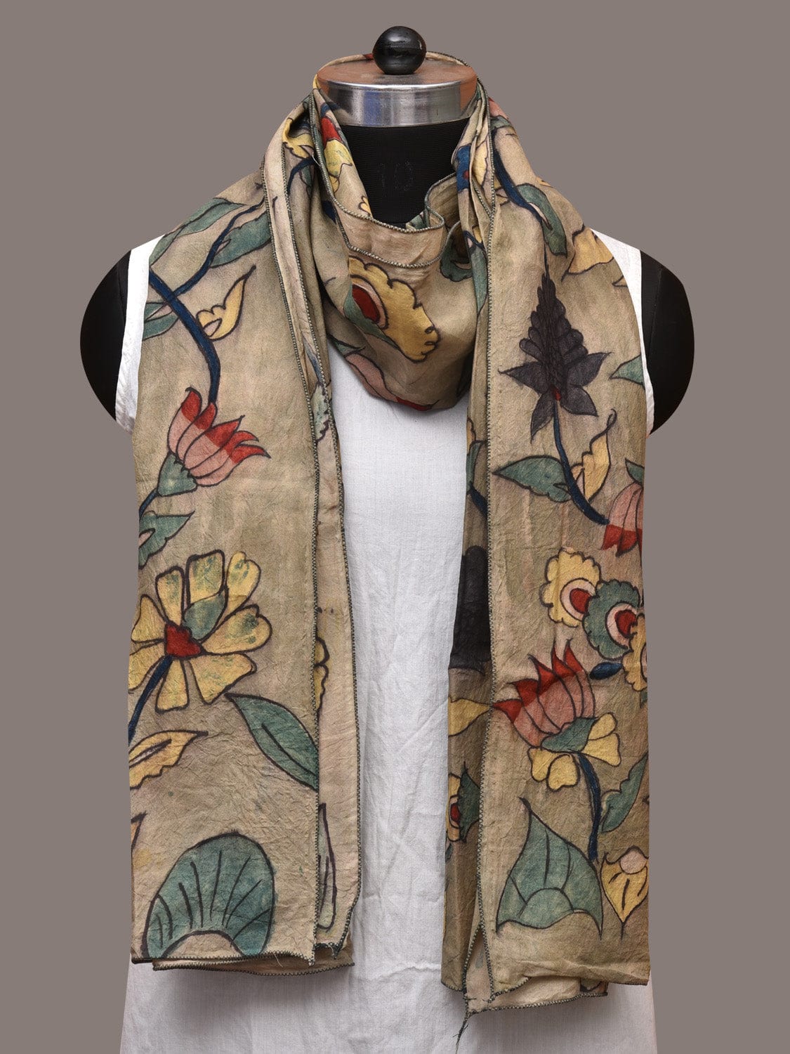 Sea Green Kalamkari Hand Painted Sico Stole with Lotus Design ds3562