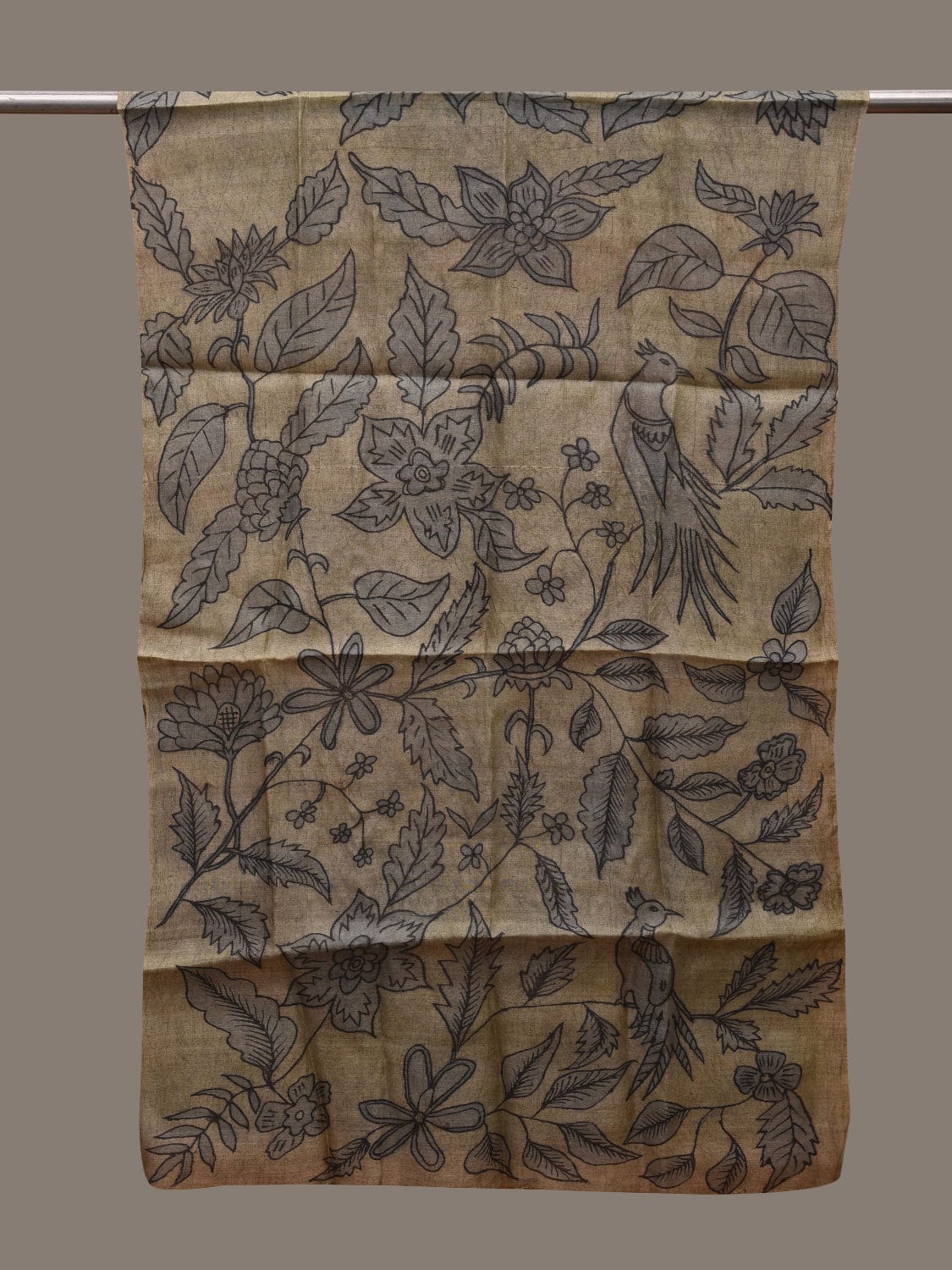 Sea Green Kalamkari Hand Painted Tussar Handloom Stole with Birds and Flowers Design ds2684