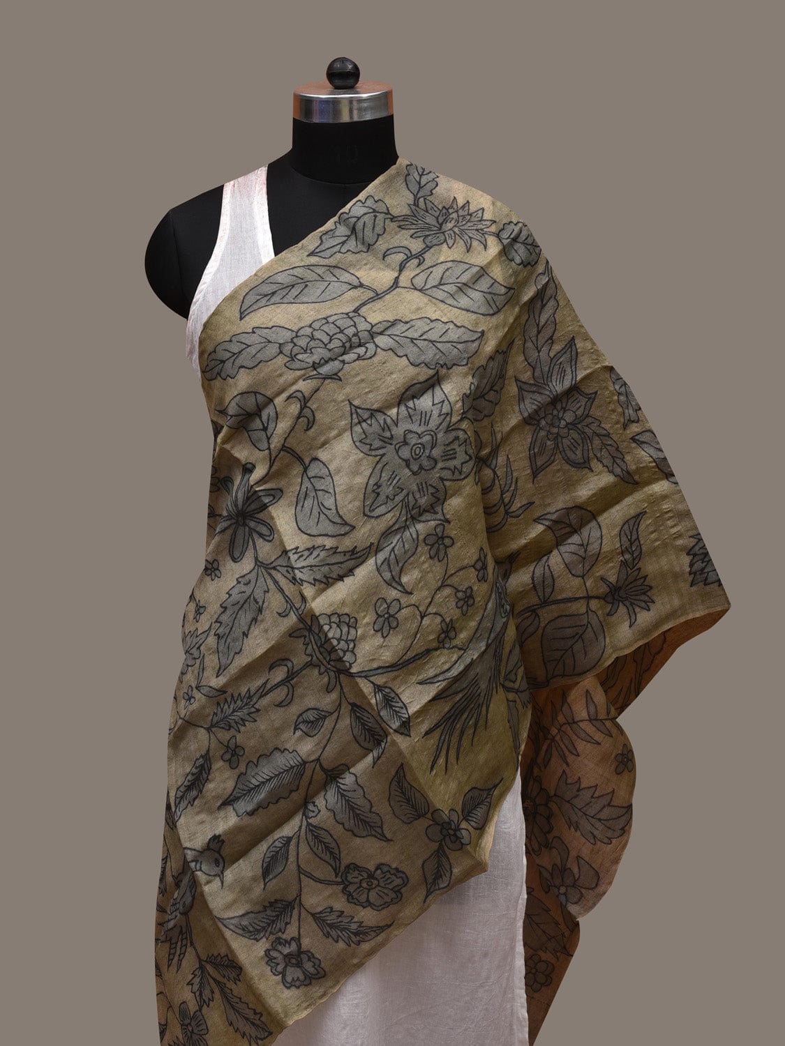 Sea Green Kalamkari Hand Painted Tussar Handloom Stole with Birds and Flowers Design ds2684