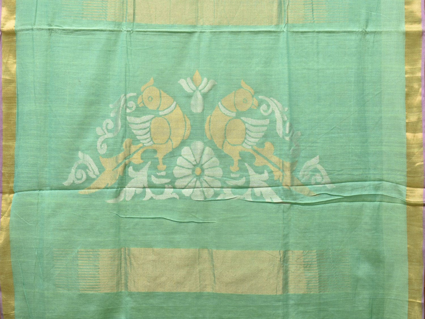 Sea Green Khadi Cotton Handloom Saree with Birds Pallu Design kh0639