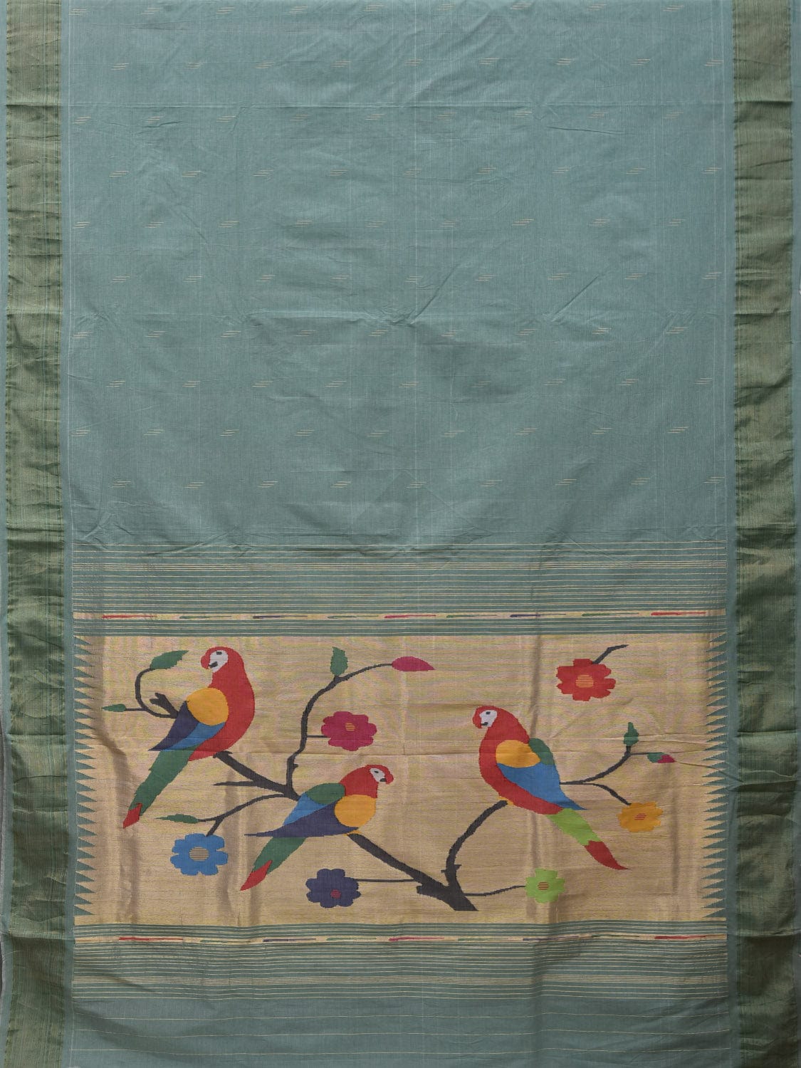 Sea Green Paithani Cotton Handloom Saree with Parrots Pallu Design p0458