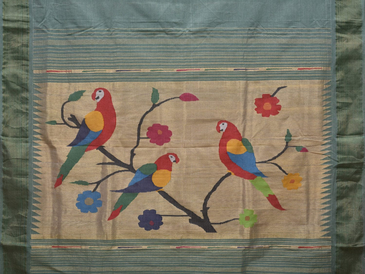 Sea Green Paithani Cotton Handloom Saree with Parrots Pallu Design p0458