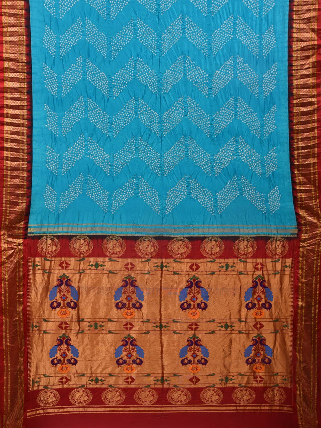 Sky Blue and Red Bandhani Paithani Silk Handloom Saree with Pallu Design bn0389