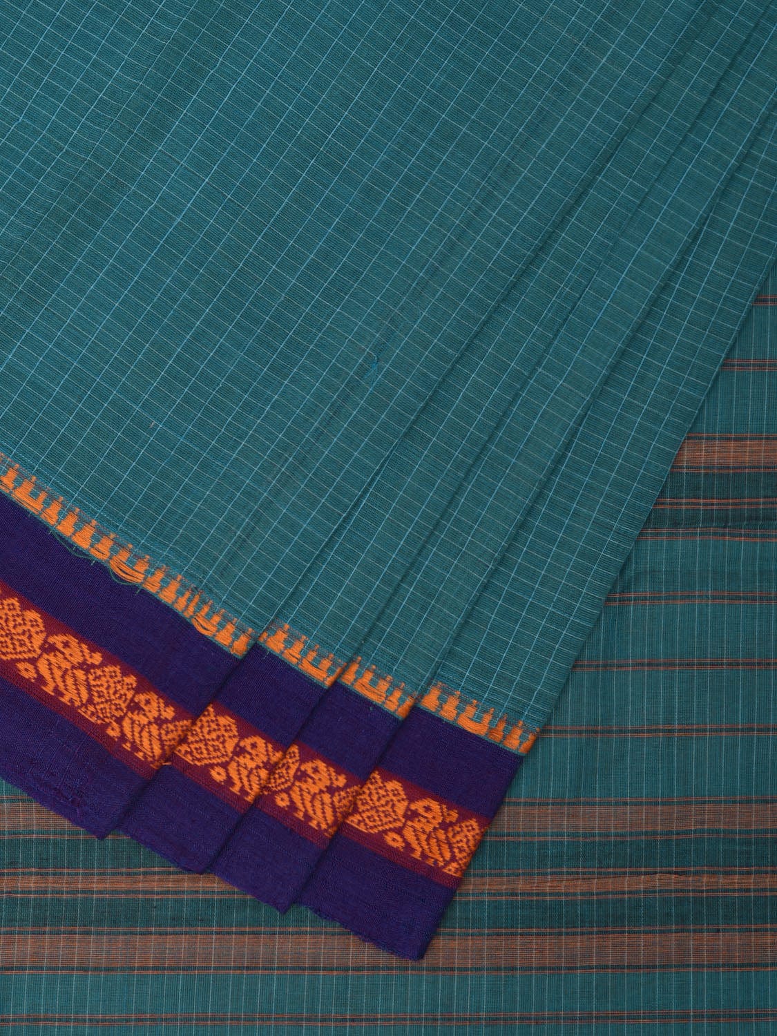 Teal and Dark Blue Narayanpet Cotton Handloom Saree with Checks Design No Blouse np1038