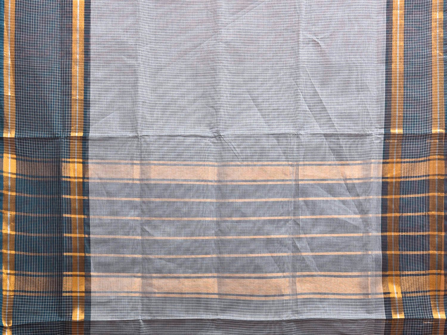 Teal and Grey Venkatagiri Cotton Saree with Strips and Checks Border Design No Blouse v0111