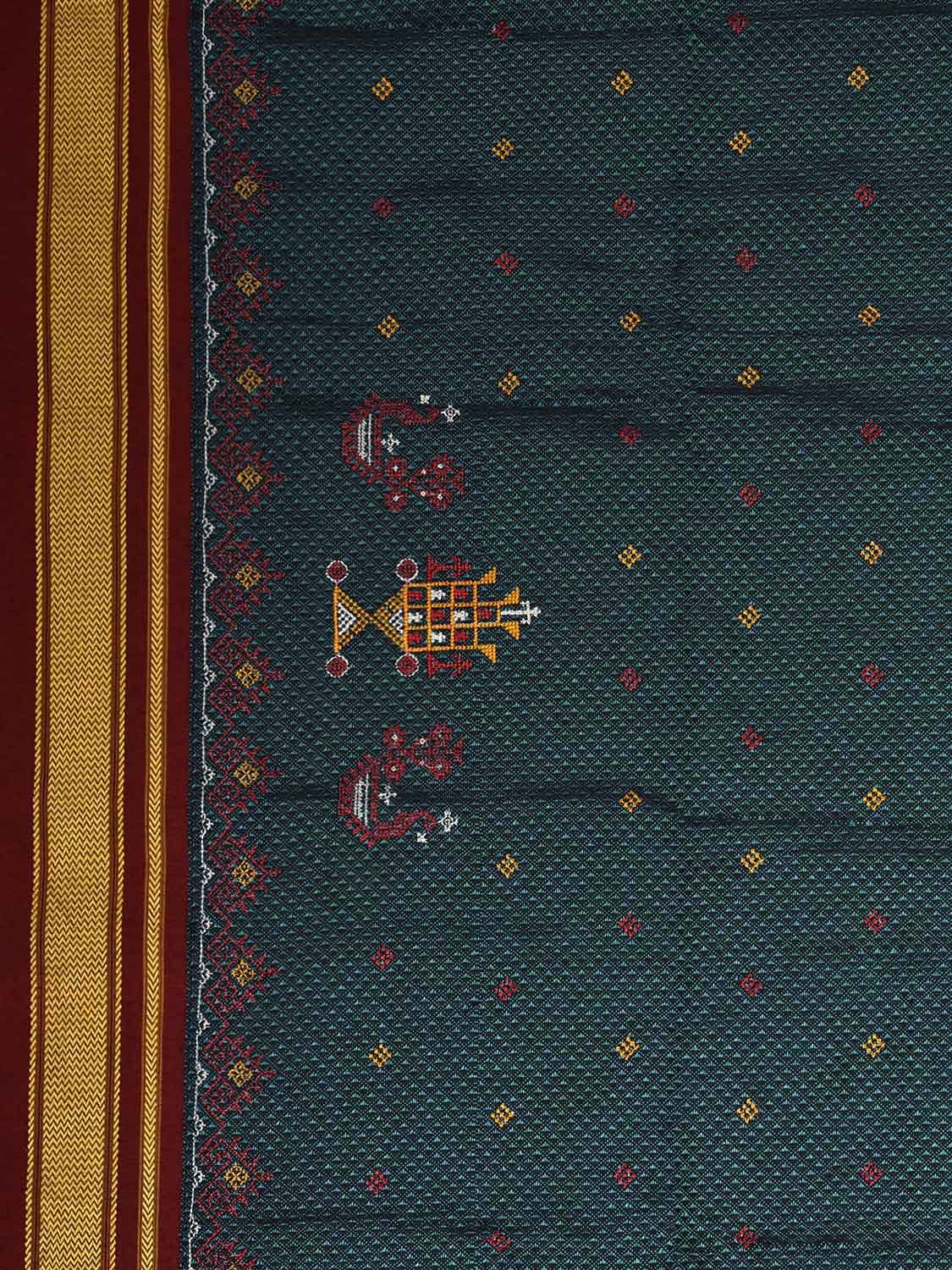 Teal and Maroon Kasuti Viscose Blouse with Peacock Design Length 1mt Width 44 Inches BL0163