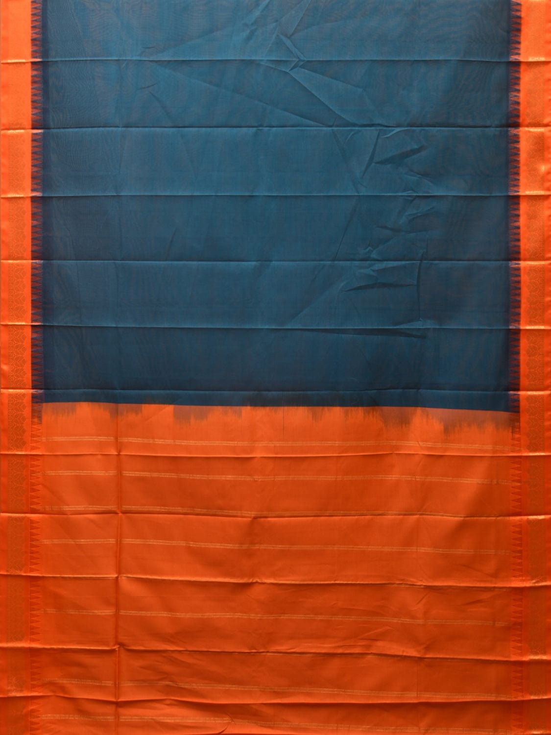 Teal and Orange Gadwal Cotton Handloom Saree with Strips Pallu Design No Blouse g0364
