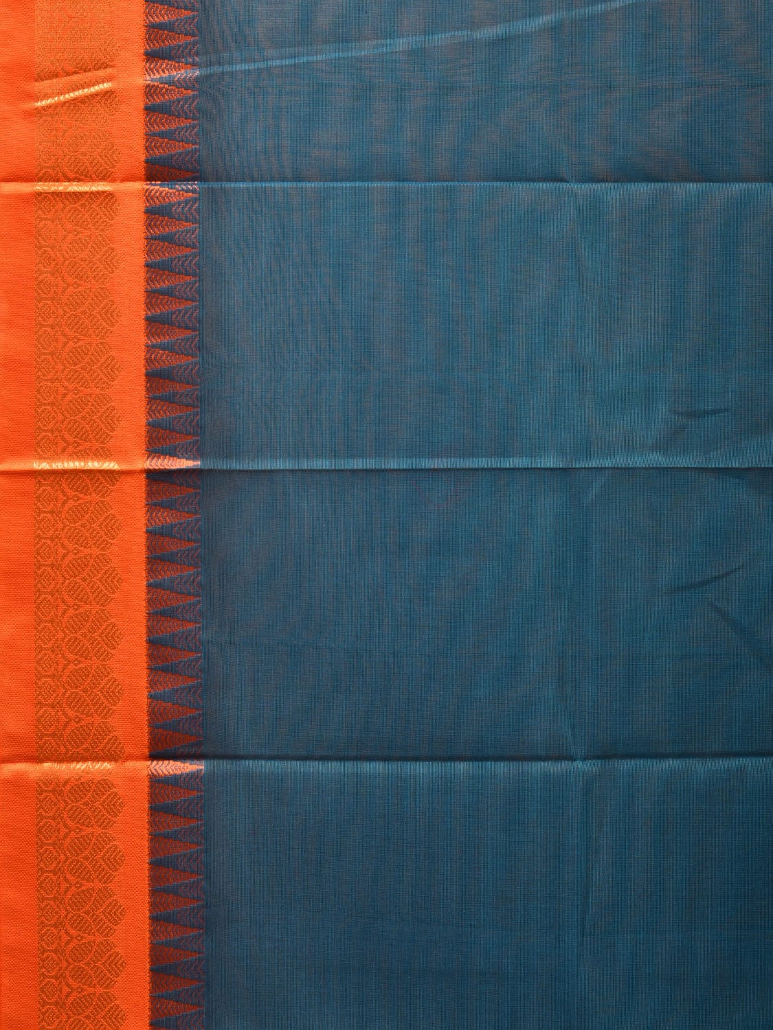 Teal and Orange Gadwal Cotton Handloom Saree with Strips Pallu Design No Blouse g0364