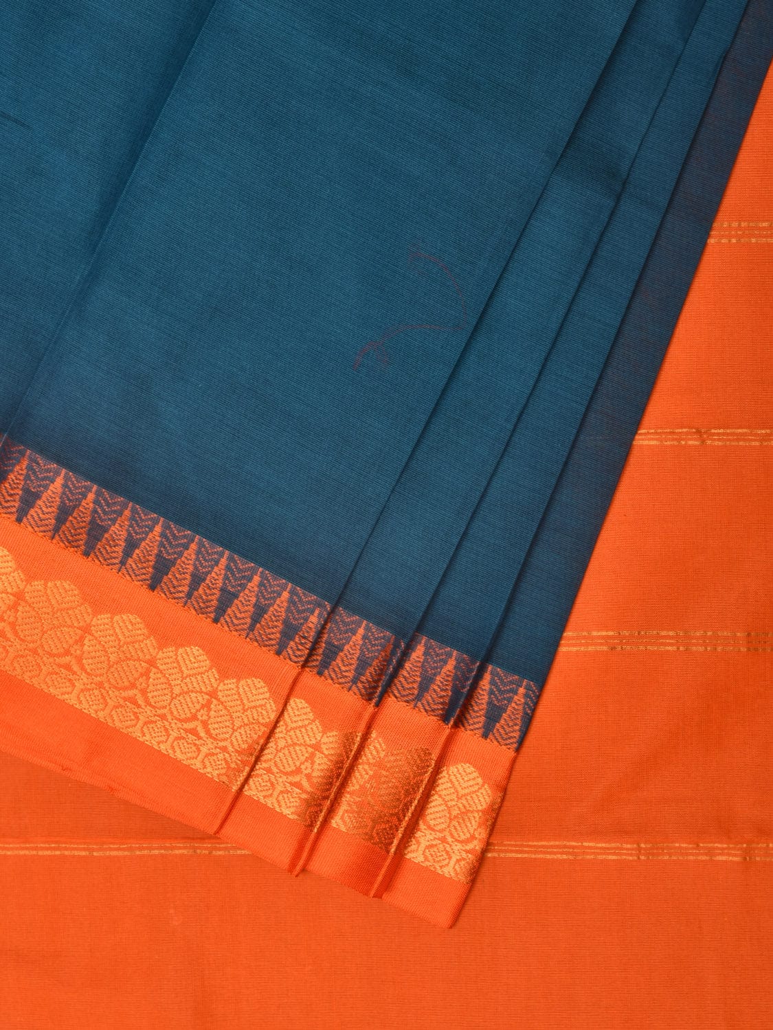 Teal and Orange Gadwal Cotton Handloom Saree with Strips Pallu Design No Blouse g0364