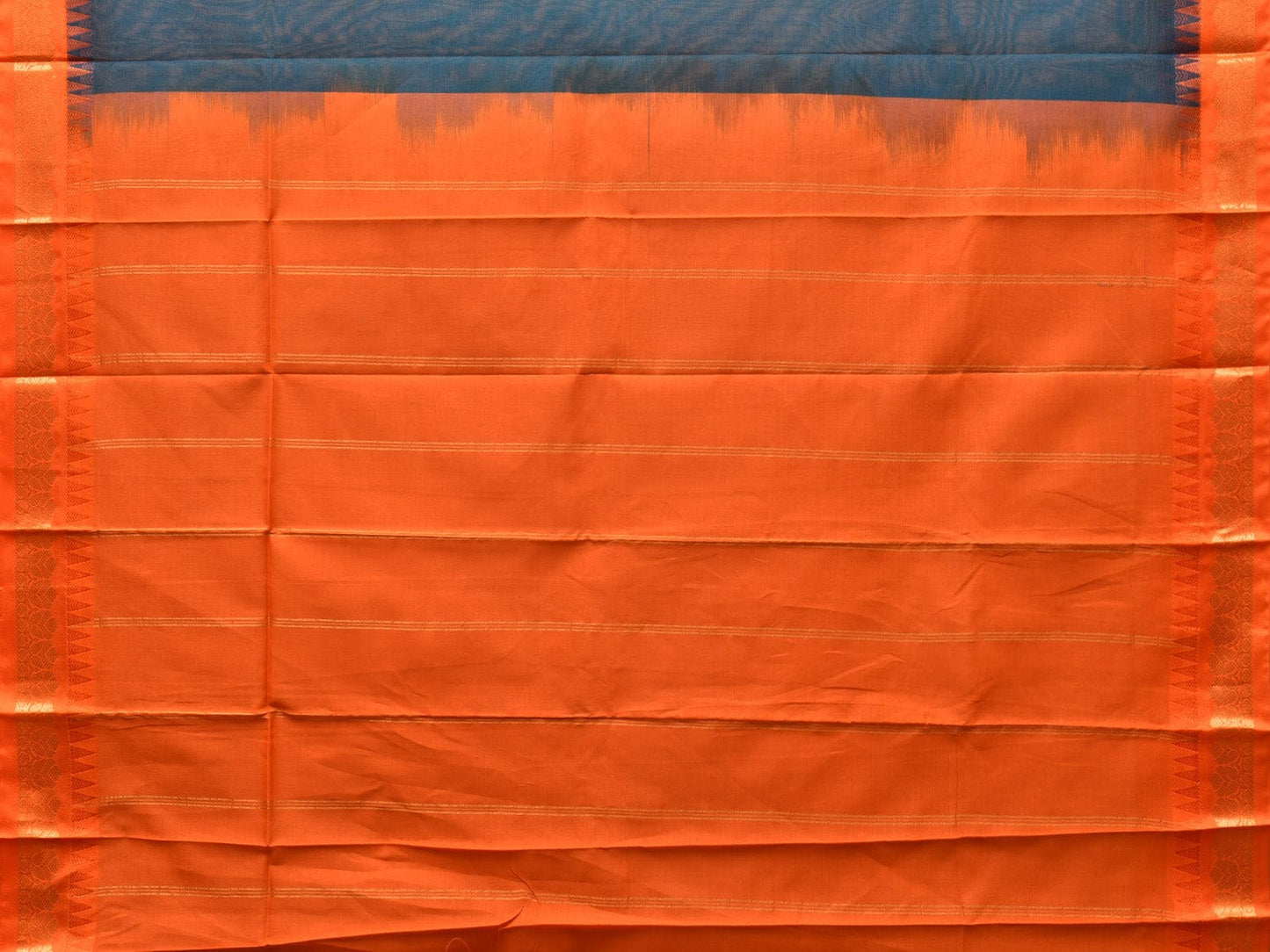 Teal and Orange Gadwal Cotton Handloom Saree with Strips Pallu Design No Blouse g0364