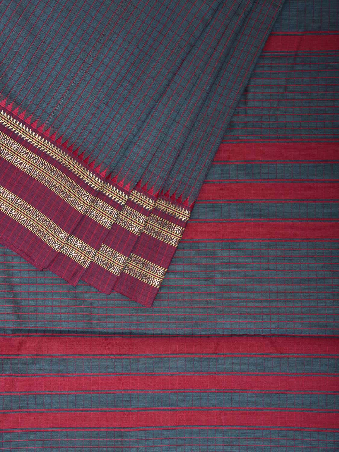 Teal and Pink Bamboo Cotton Saree with Checks Design No Blouse bc0809
