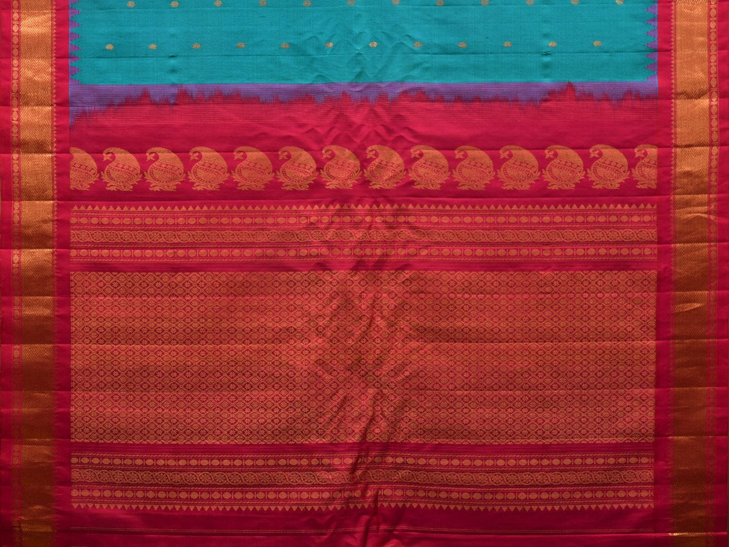Teal and Pink Gadwal Silk Handloom Saree with Mango Pallu and Temple Border Design g0307