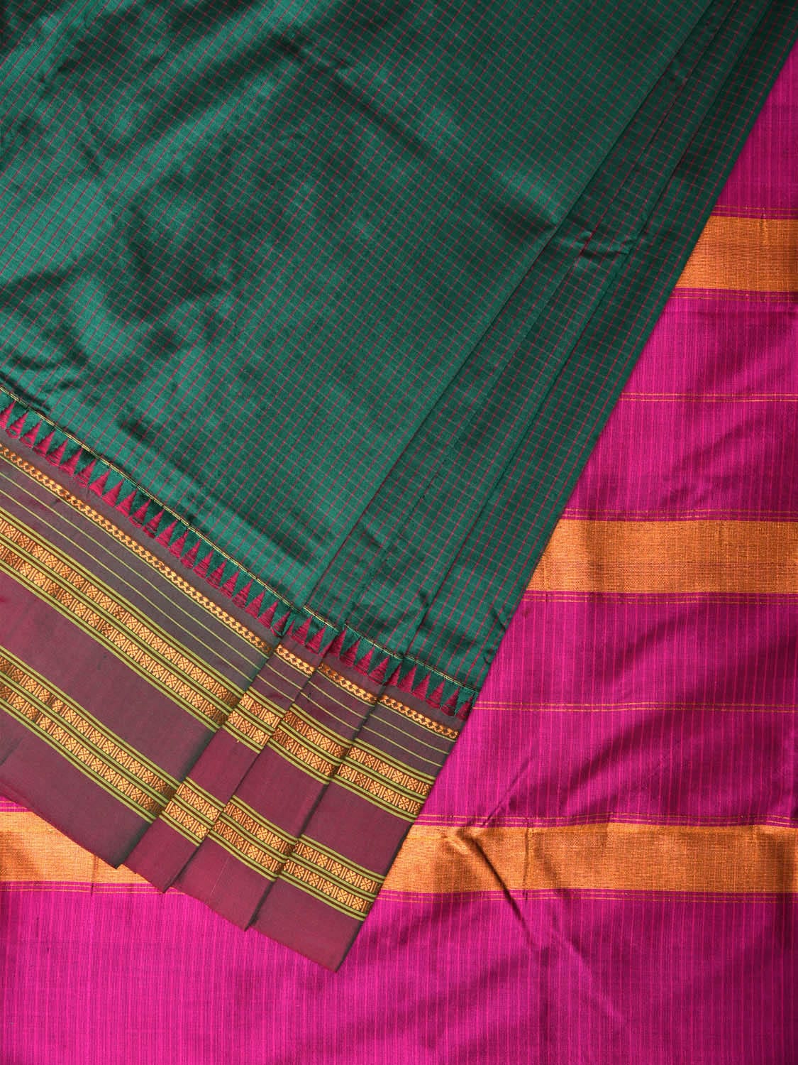 Teal and Pink Narayanpet Silk Handloom Saree with Checks Design No Blouse np0679