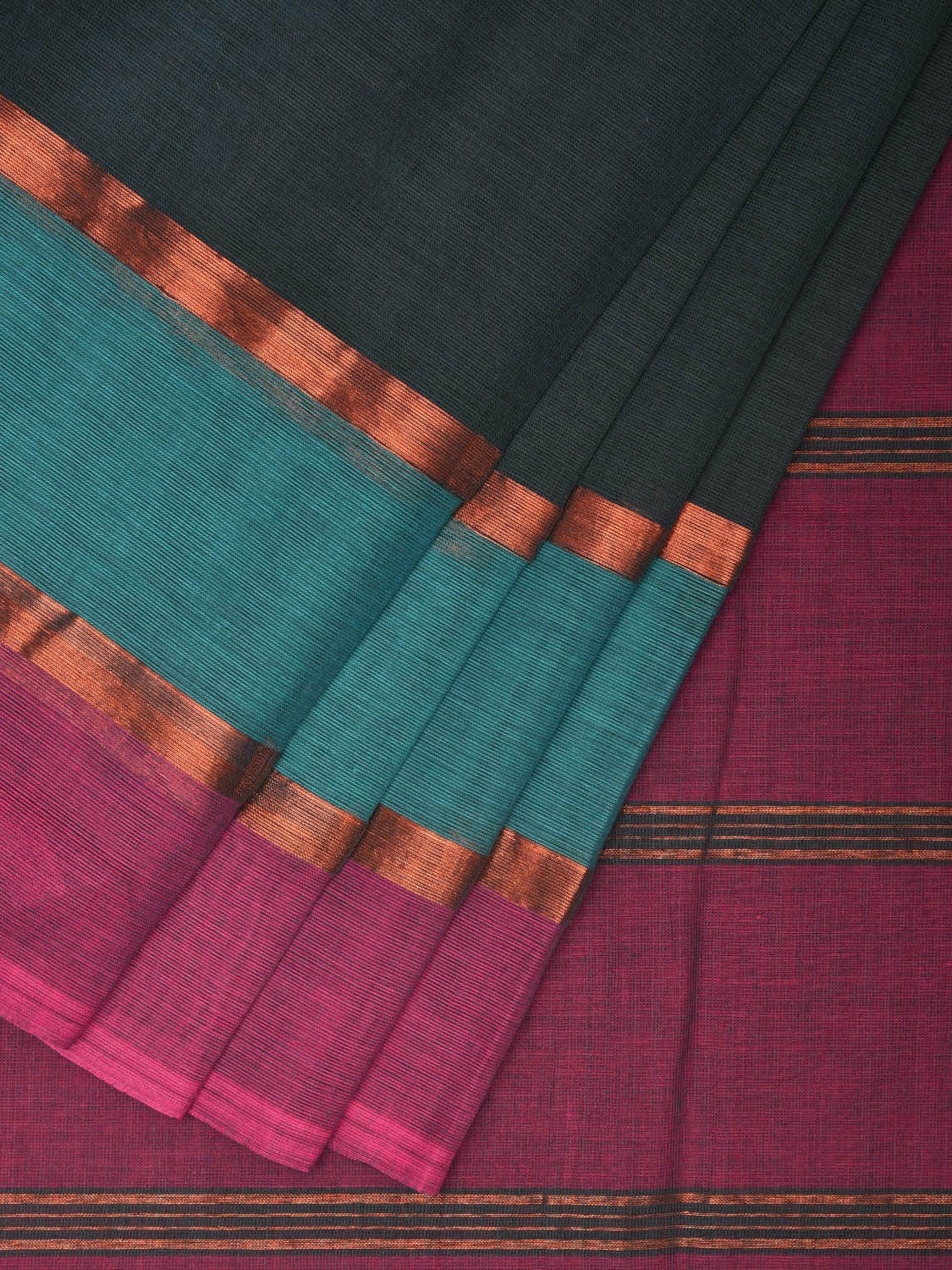 Teal and Purple Kanchipuram Cotton Plain Saree with Strips Pallu Design k0613