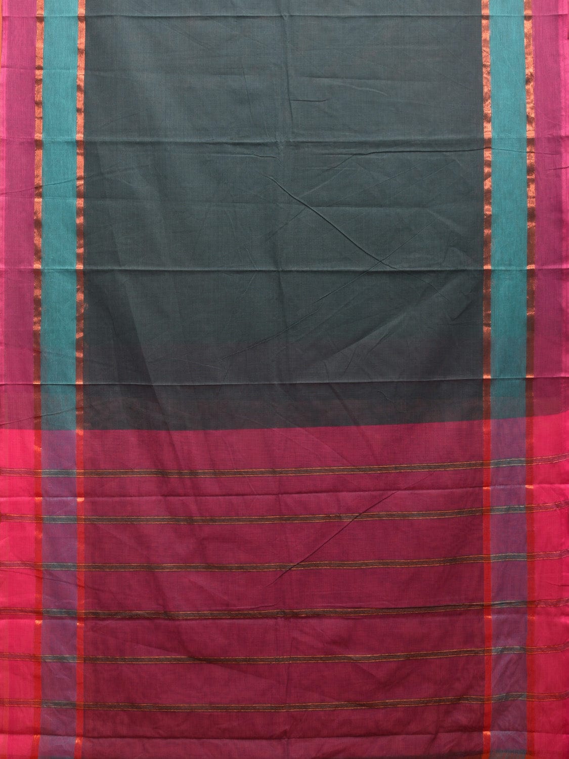 Teal and Purple Kanchipuram Cotton Plain Saree with Strips Pallu Design k0613