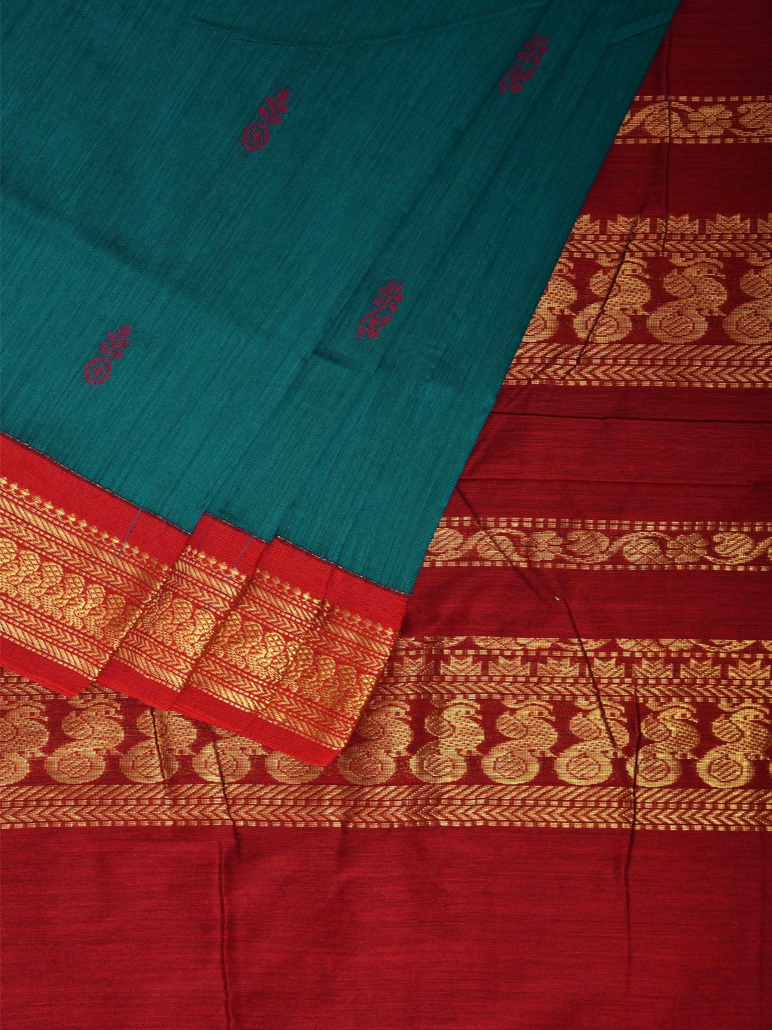 Teal and Red Gadwal Cotton Viscose Saree with Border and Pallu Design g0469