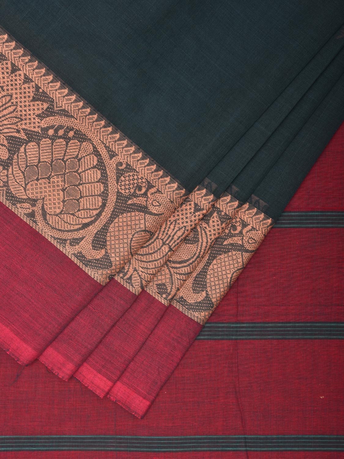 Teal and Red Kanchipuram Cotton Saree with Body Buta and Border Design k0609