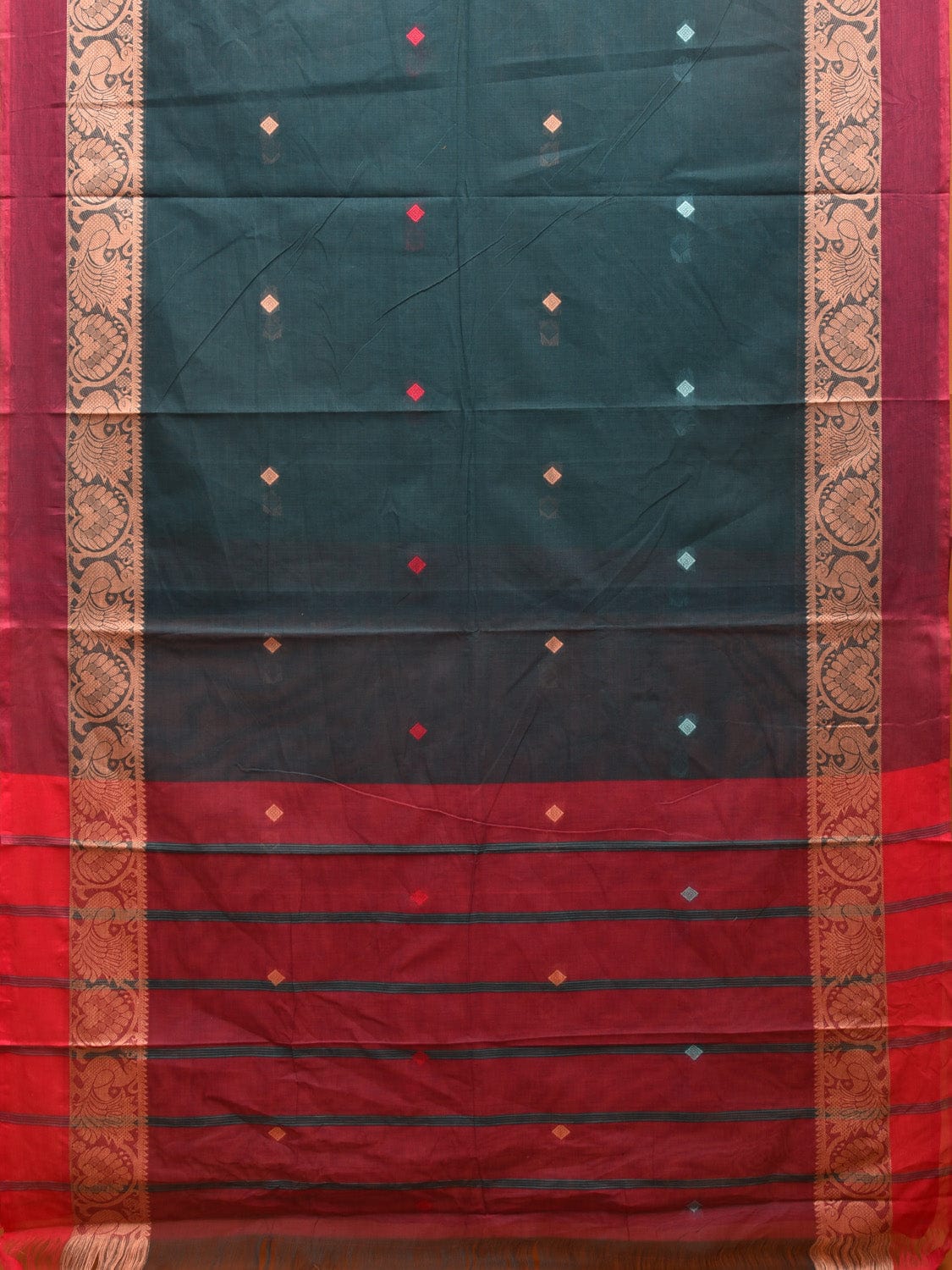 Teal and Red Kanchipuram Cotton Saree with Body Buta and Border Design k0609