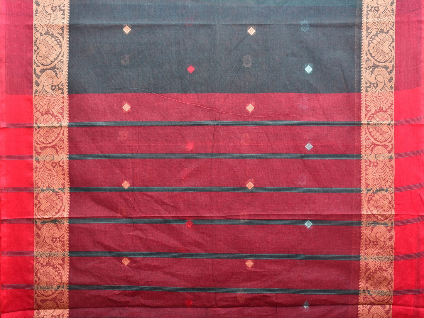 Teal and Red Kanchipuram Cotton Saree with Body Buta and Border Design k0609