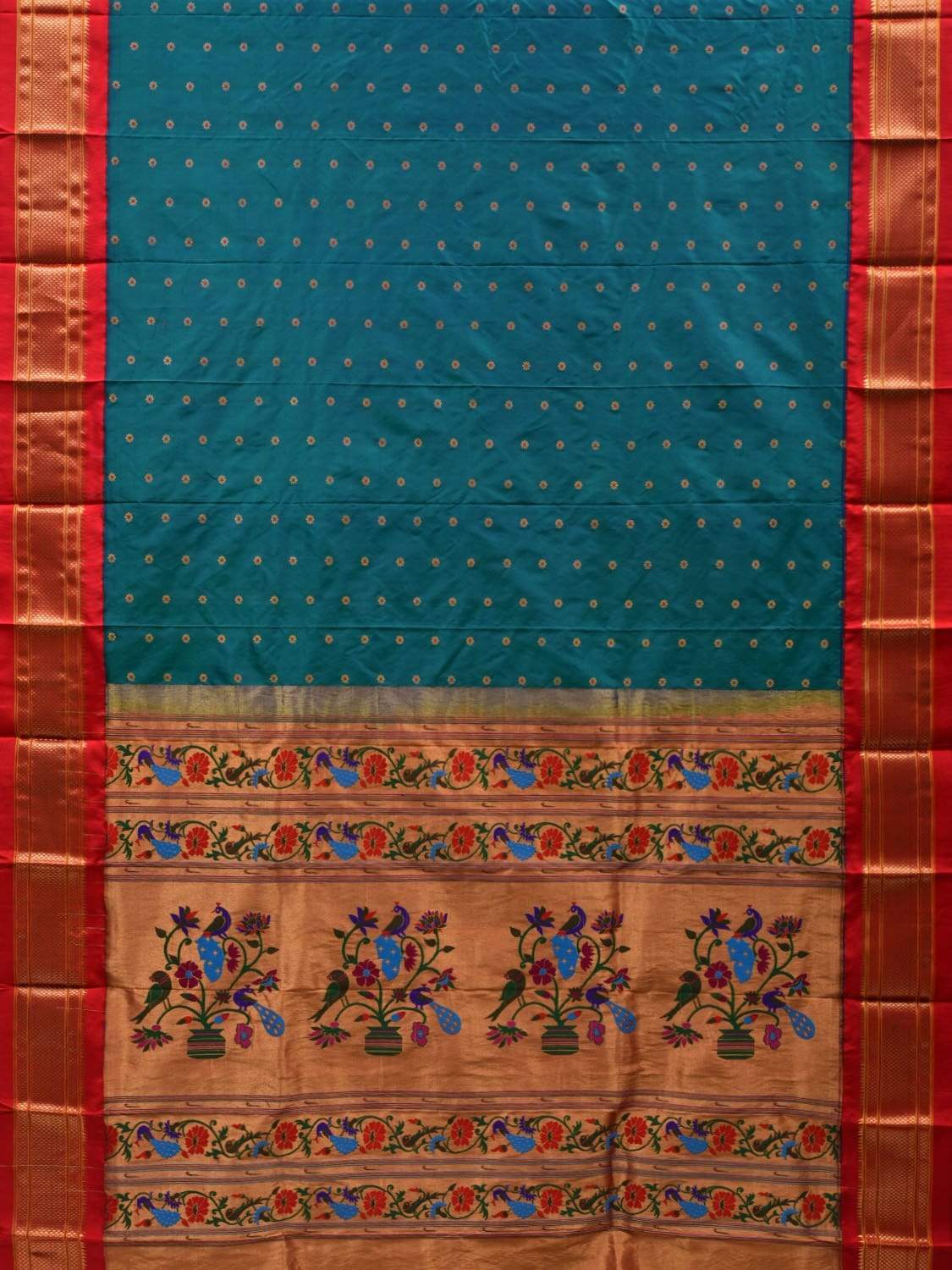 Teal and Red Paithani Silk Handloom Saree with Pallu Design p0376
