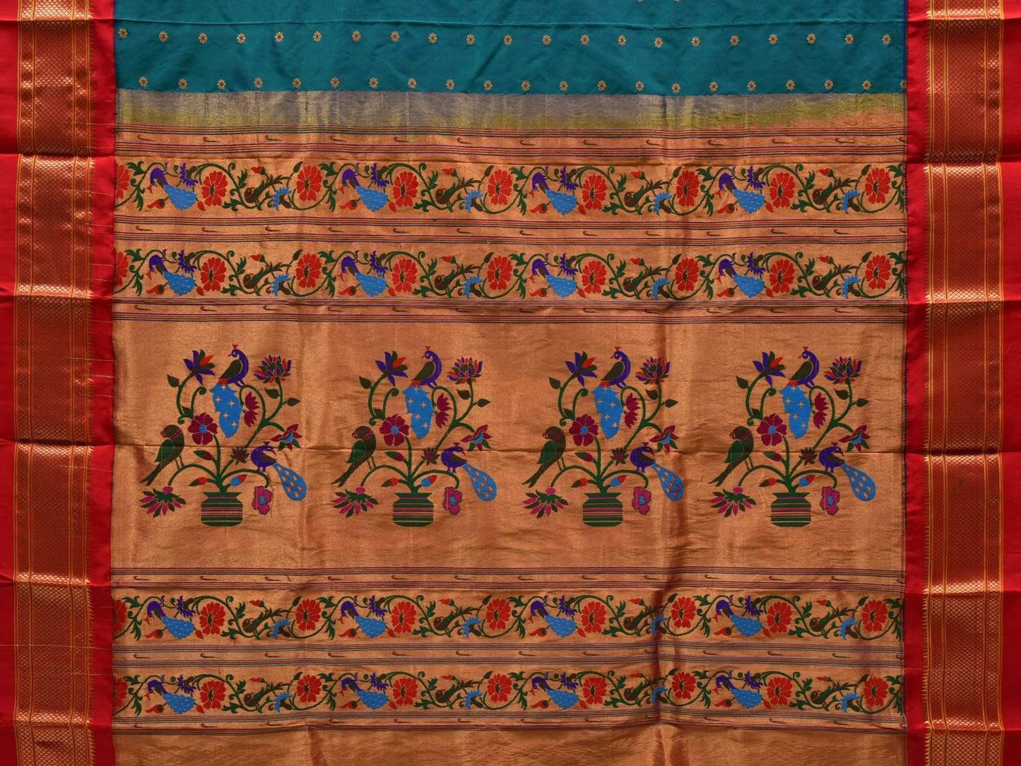Teal and Red Paithani Silk Handloom Saree with Pallu Design p0376