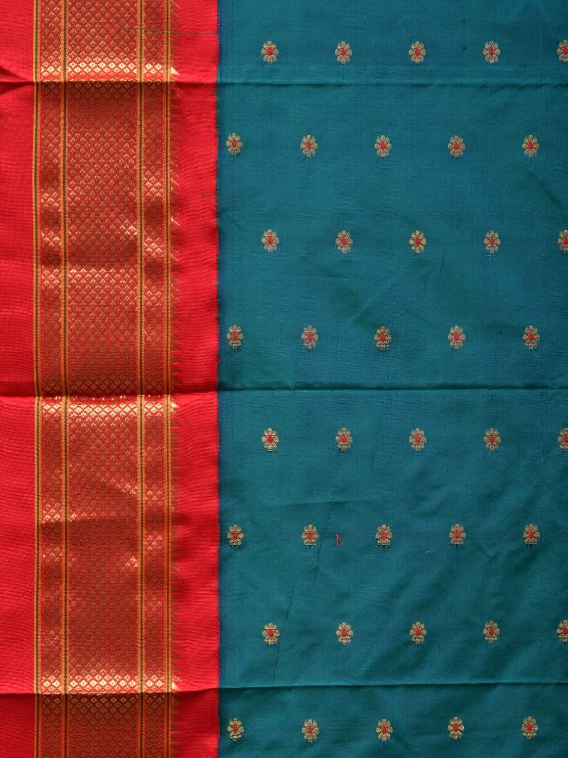 Teal and Red Paithani Silk Handloom Saree with Pallu Design p0376
