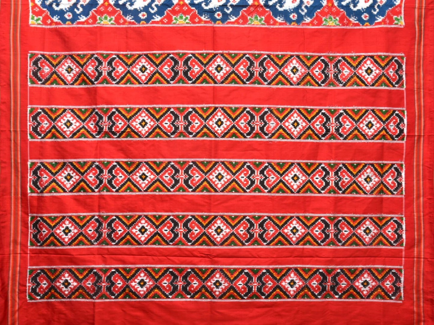 Teal and Red Pochampally Double Ikat Silk Handloom Saree with Elephant Design i0767