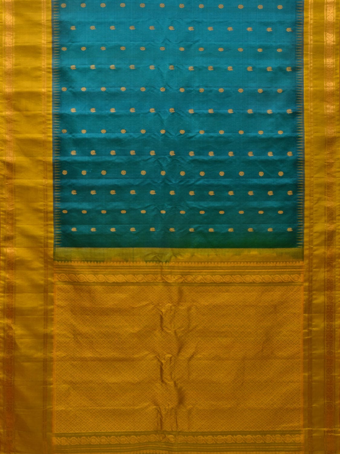 Teal and Yellow Gadwal Silk Handloom Saree with Buta and Border Design g0323