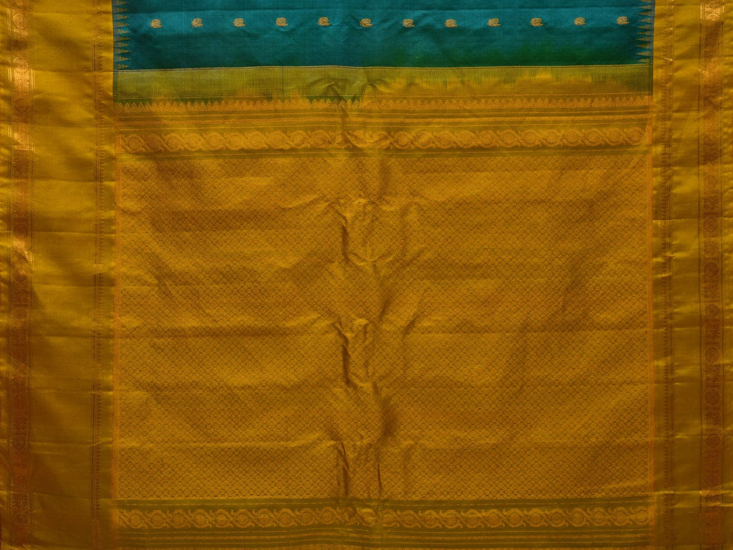 Teal and Yellow Gadwal Silk Handloom Saree with Buta and Border Design g0323