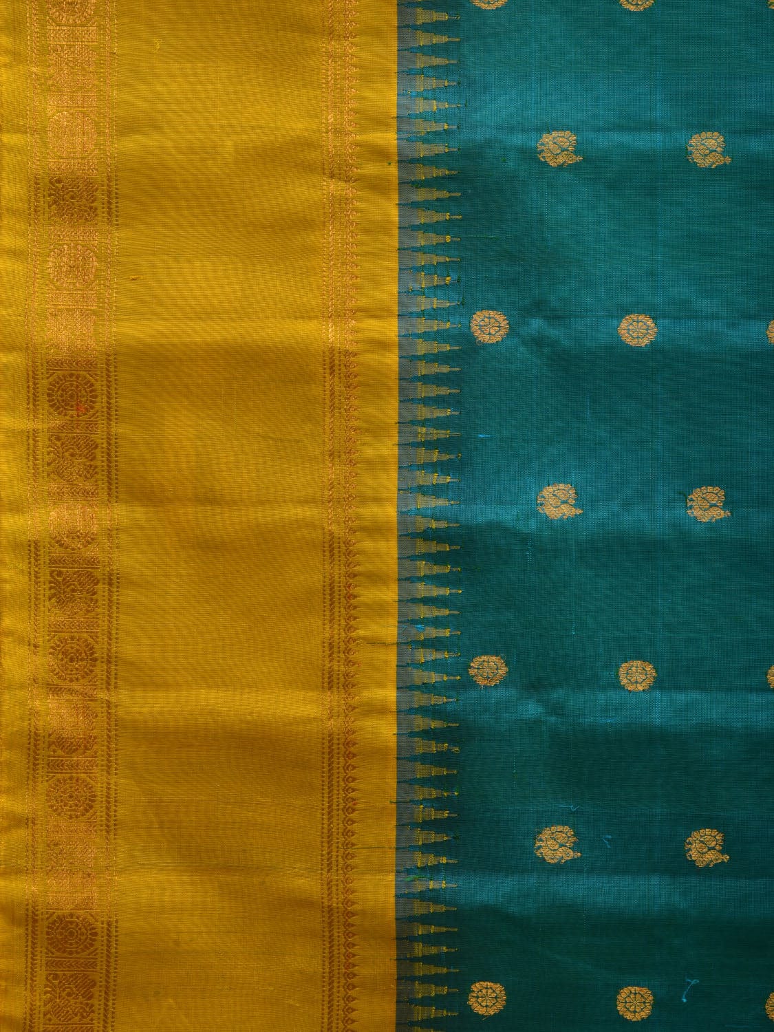 Teal and Yellow Gadwal Silk Handloom Saree with Buta and Border Design g0323