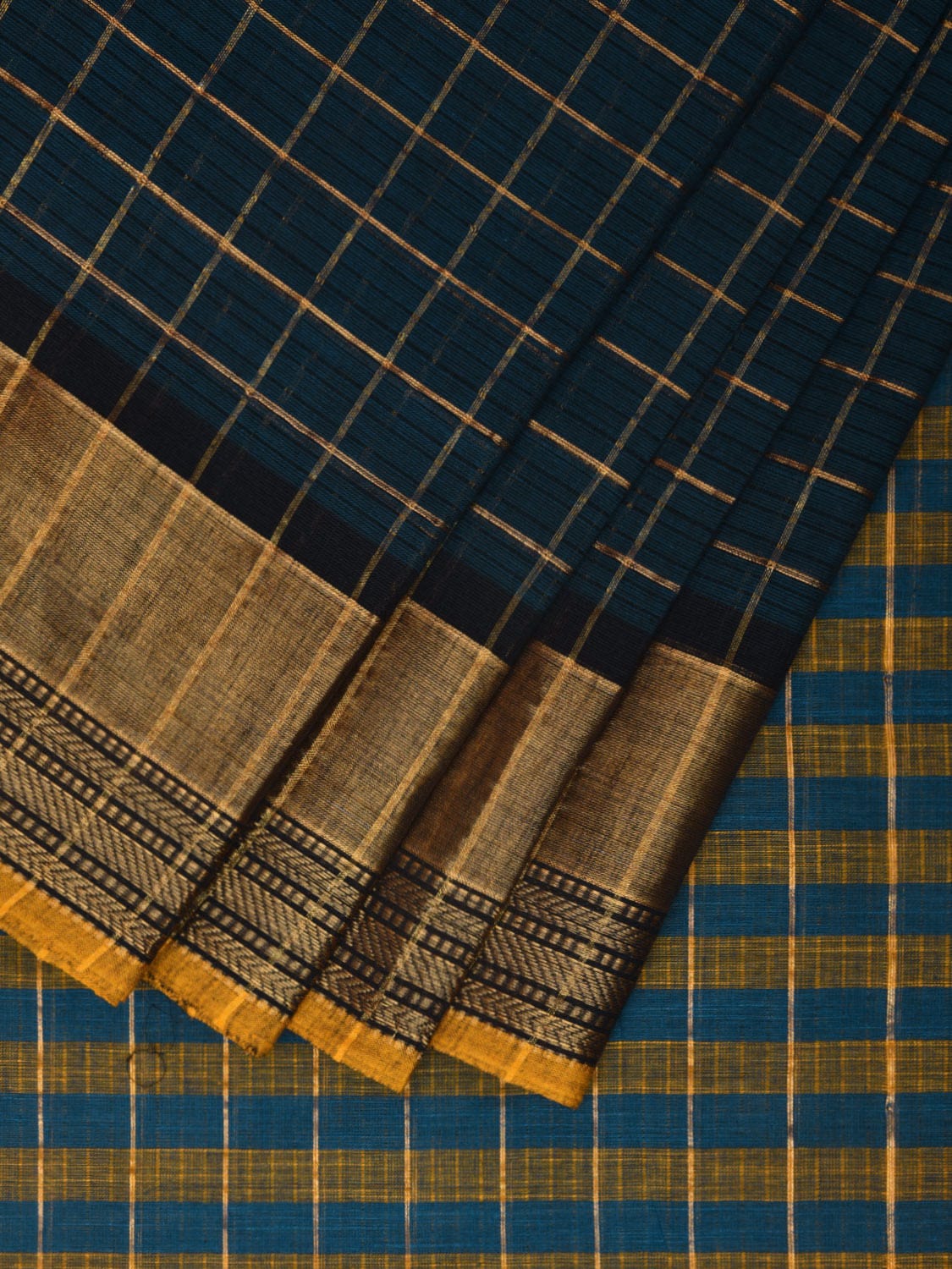 Teal and Yellow Kanchipuram Cotton Saree with Big Checks Design k0598