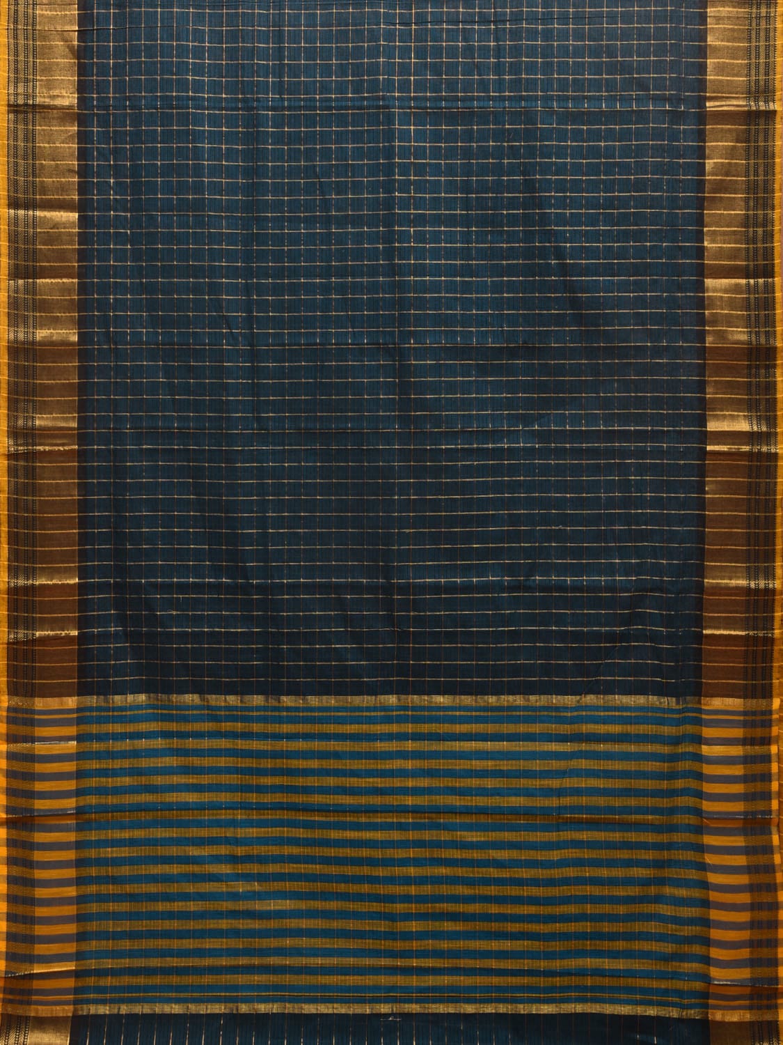 Teal and Yellow Kanchipuram Cotton Saree with Big Checks Design k0598