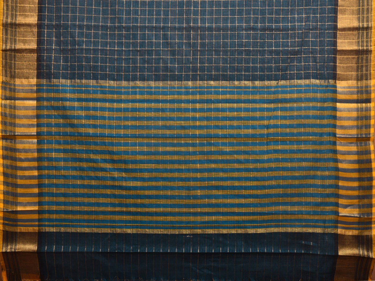 Teal and Yellow Kanchipuram Cotton Saree with Big Checks Design k0598