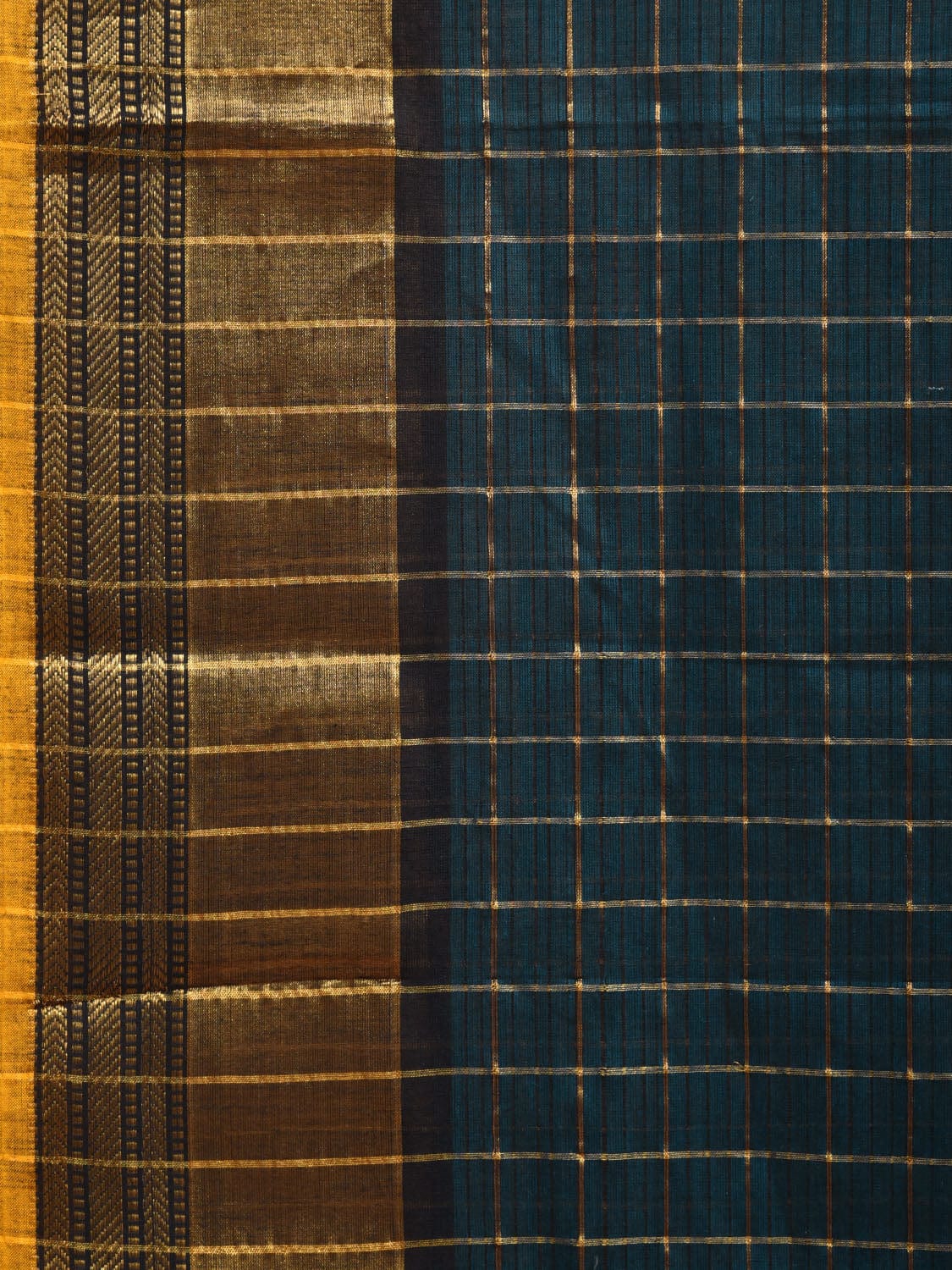 Teal and Yellow Kanchipuram Cotton Saree with Big Checks Design k0598