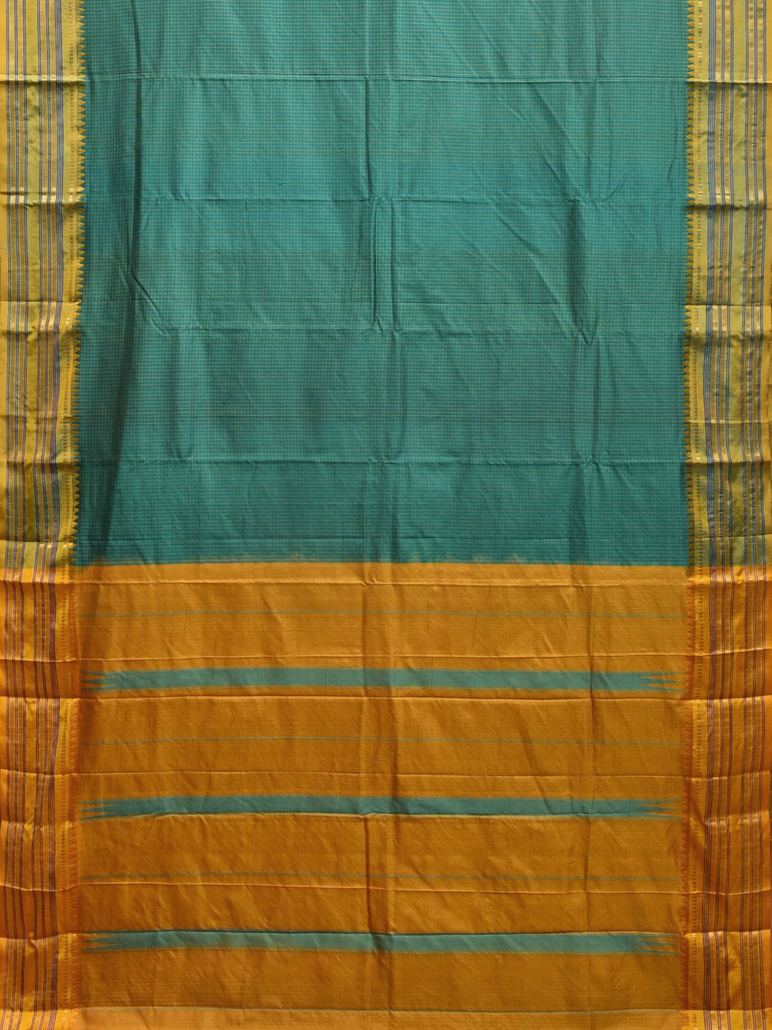 Teal and Yellow Narayanpet Silk Handloom Saree with Checks Design np0930