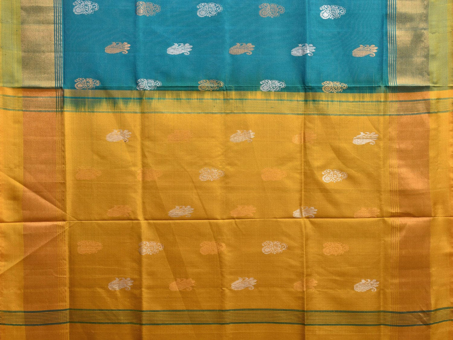 Teal and Yellow Uppada Plain Silk Handloom Saree with Buta and Contrast Pallu Design u2248