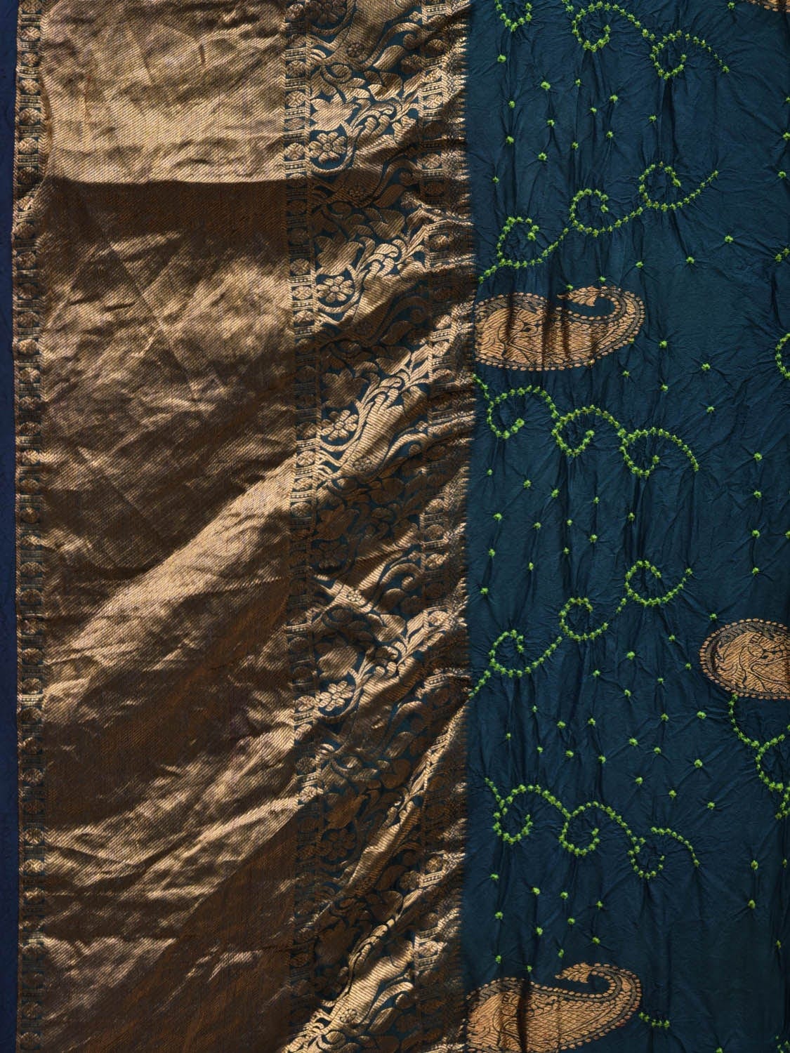 Teal Bandhani Kanchipuram Silk Handloom Saree with Mango Body Buta Design bn0320