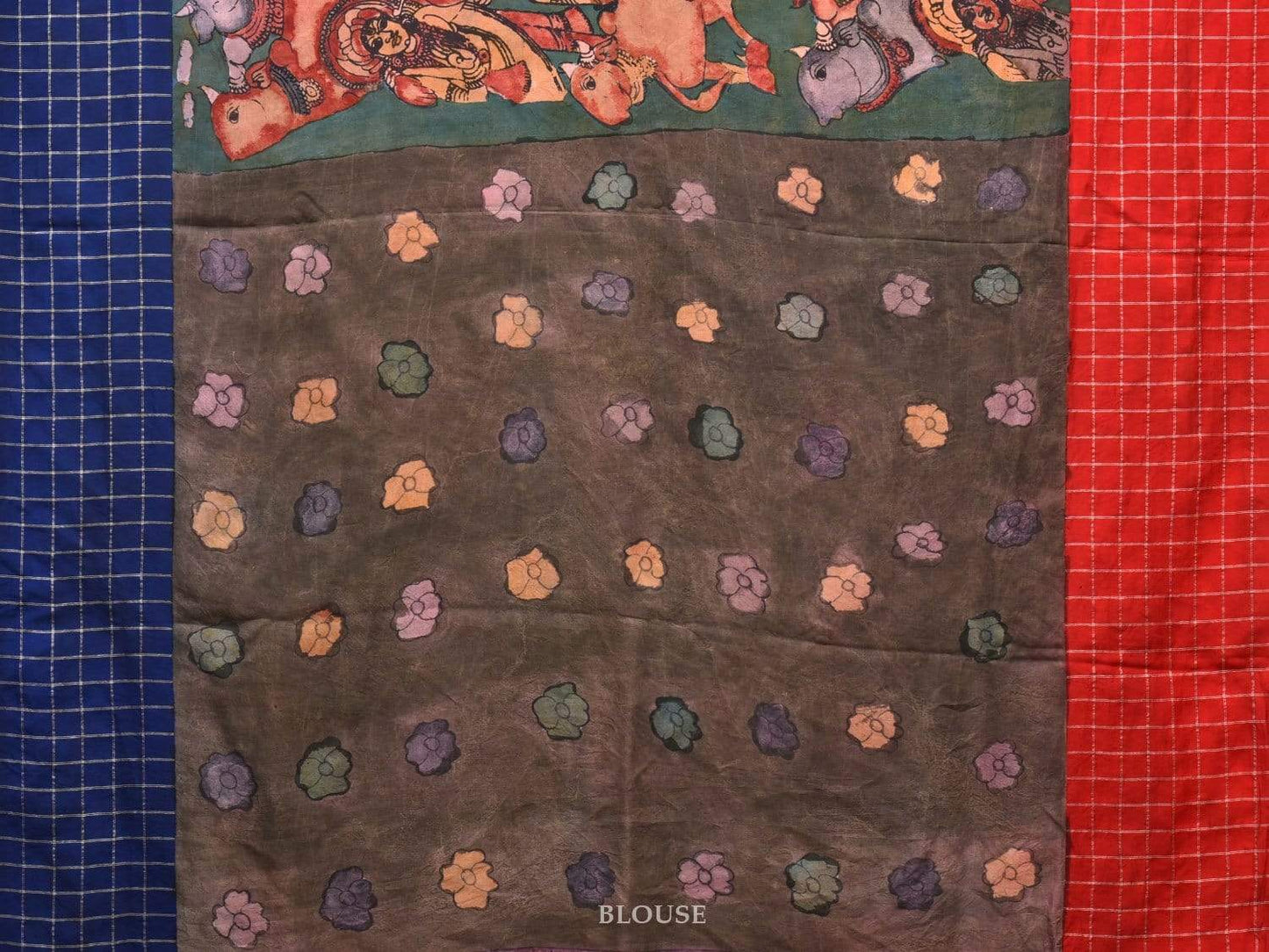 Teal Kalamkari Hand Painted Gadwal Silk Handloom Saree with Krishna Leela and Ganga-Jamuna Border Design KL0501