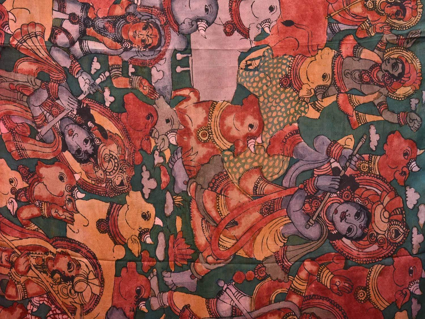Teal Kalamkari Hand Painted Gadwal Silk Handloom Saree with Krishna Leela and Ganga-Jamuna Border Design KL0501