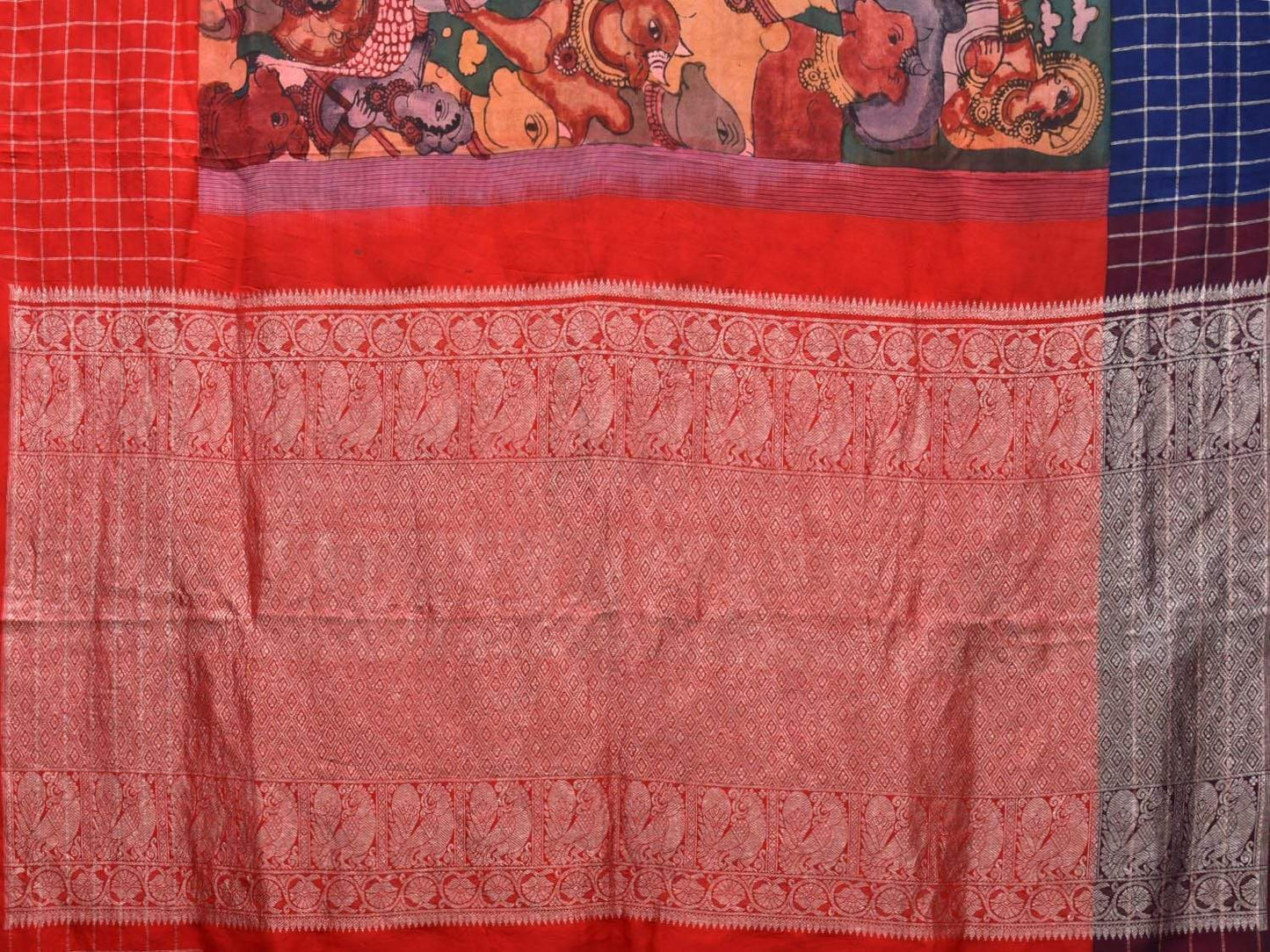 Teal Kalamkari Hand Painted Gadwal Silk Handloom Saree with Krishna Leela and Ganga-Jamuna Border Design KL0501