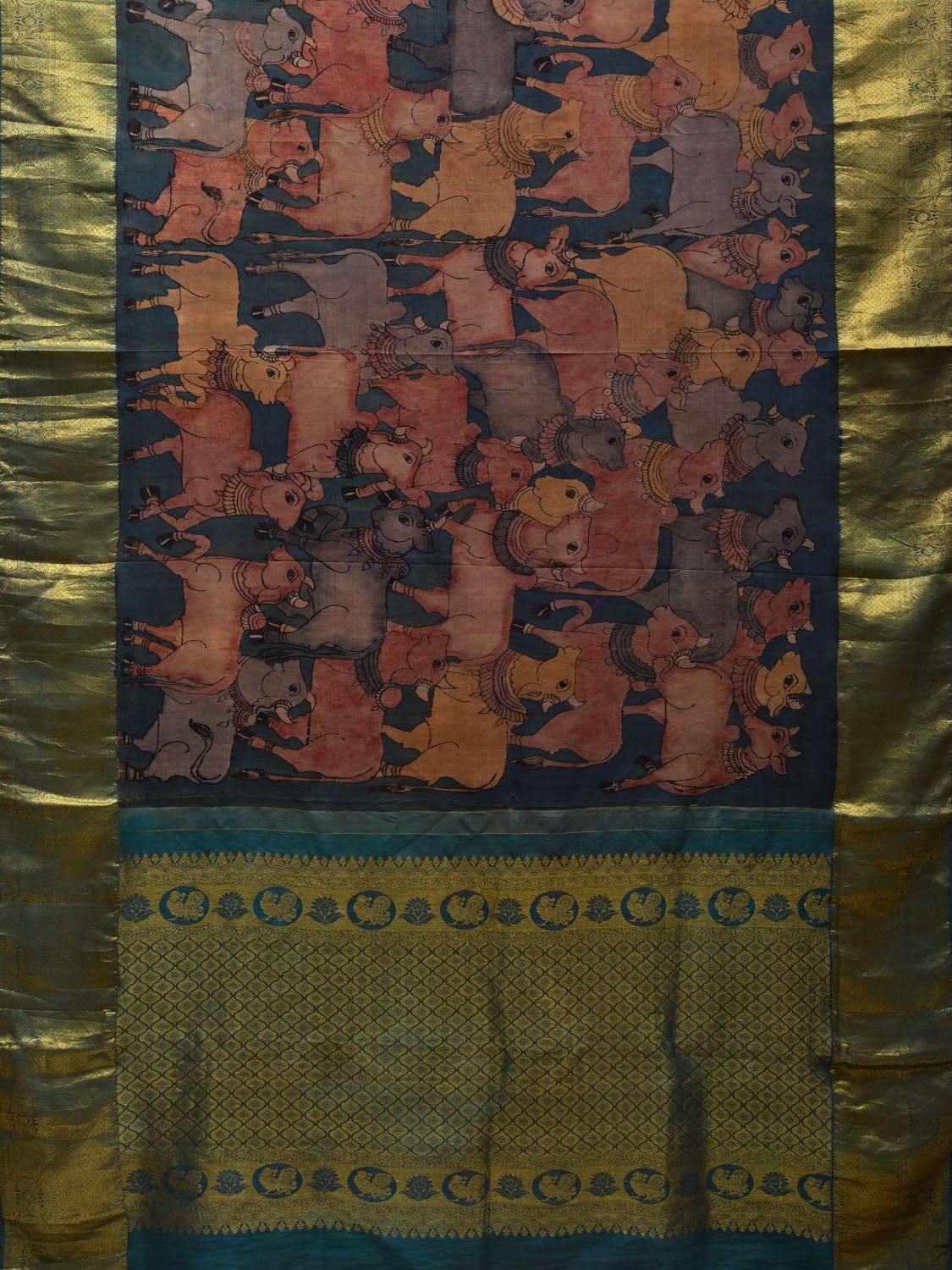 Teal Kalamkari Hand Painted Kanchipuram Silk Handloom Saree with Cows Design No Blouse KL0613
