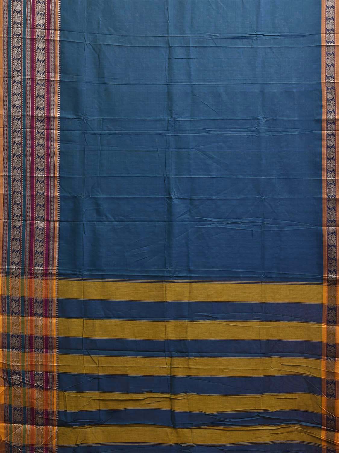 Teal Kanchipuram Cotton Plain Saree with Strips Pallu and Border Design No Blouse k0837